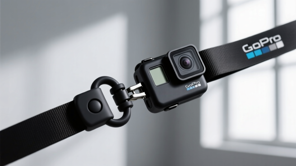 Side profile of magnetic breakaway safety clasp on silicone GoPro necklace, demonstrating quick-release mechanism under tension
