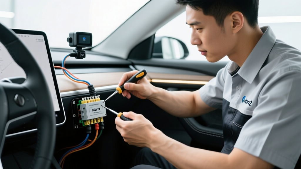 Automotive technician using Add-A-Circuit fuse tap on micro2 fuse panel to hardwire dash cam in modern vehicle interior