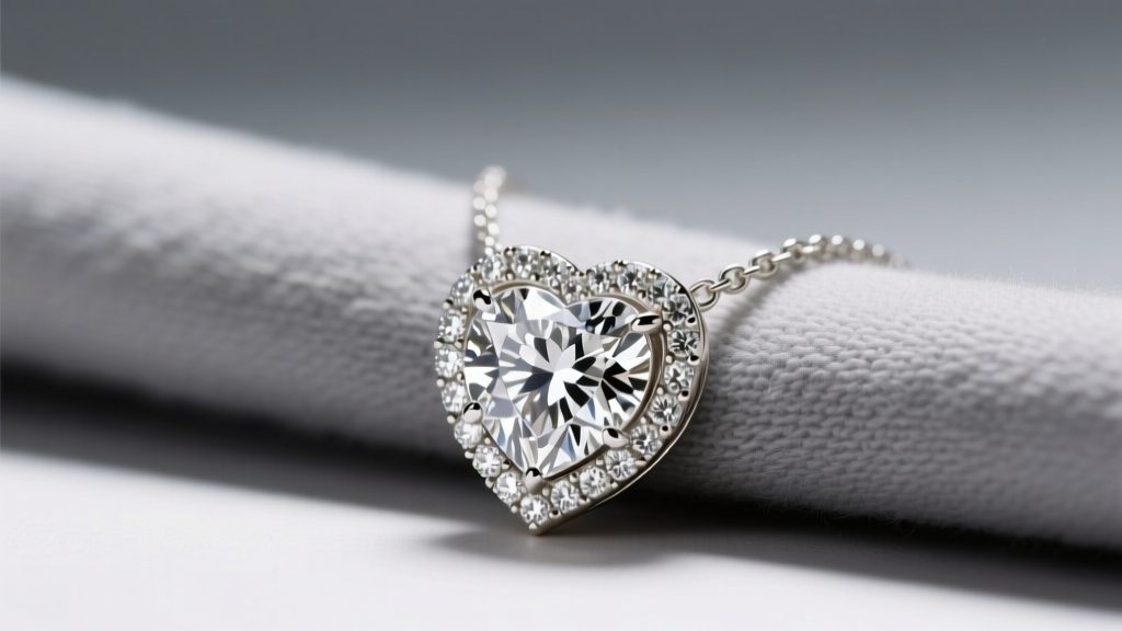 Close-up of a 14k white gold pave diamond heart necklace on a grey microfiber cloth under soft, diffused studio lighting.