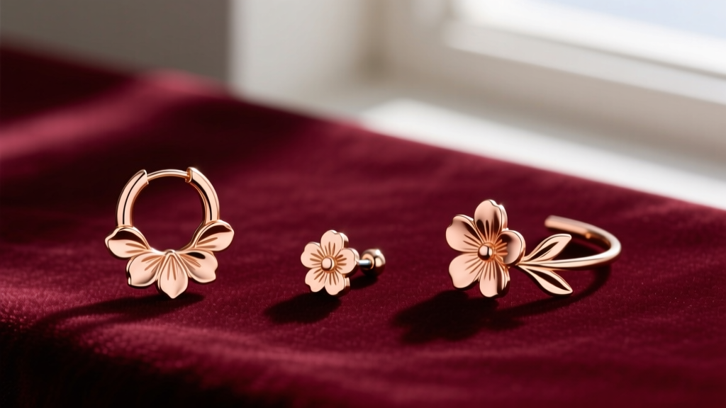 Flat lay of three rose gold flower earrings including a huggie hoop, a threadless labret stud, and a seamless ear cuff on velvet.