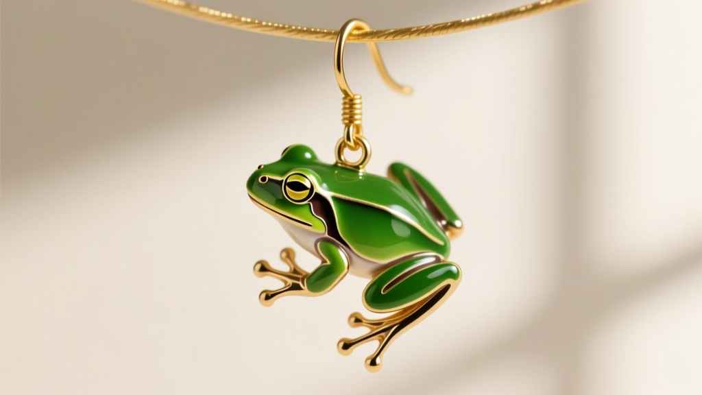 Close-up of a vibrant green enamel frog dangle earring on a gold wire, showing smooth glass shine and detailed cast metal legs.