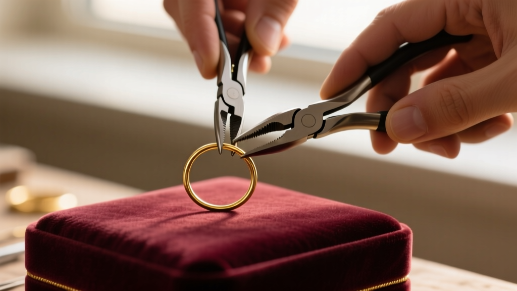 Close-up of jeweler hands using nylon jaw pliers to reshape a bent 20-gauge gold French ear wire resting on a velvet bench block.