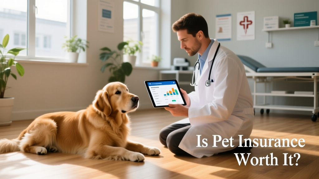 A calm dog resting beside a veterinarian holding a tablet, symbolizing proactive pet healthcare planning