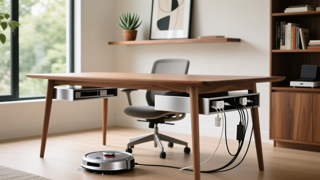 Modern home office desk with a sleek robotic vacuum navigating around ergonomic chair legs and organized cable management trays.