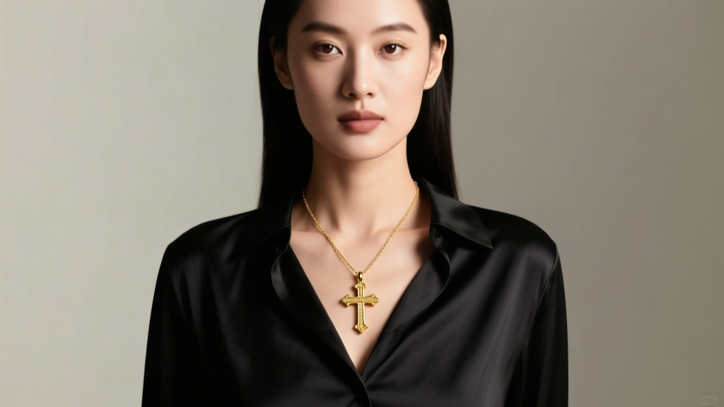 Elegant woman wearing cross necklace in 14k gold over black silk, soft studio lighting, sharp focus on the pendant and bail.