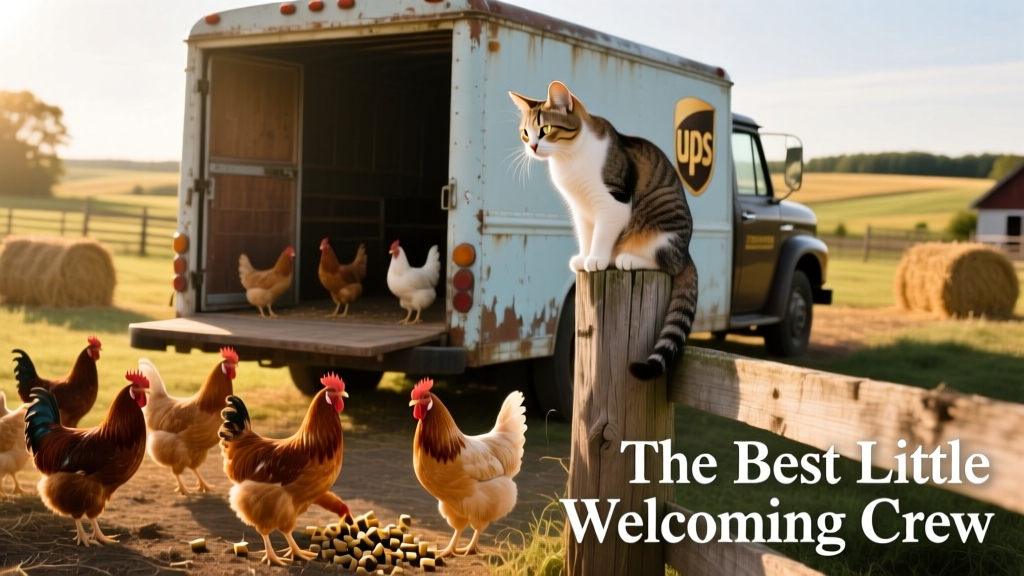 A curious barn cat sitting on a fence post, watching a group of chickens gather near a delivery truck below