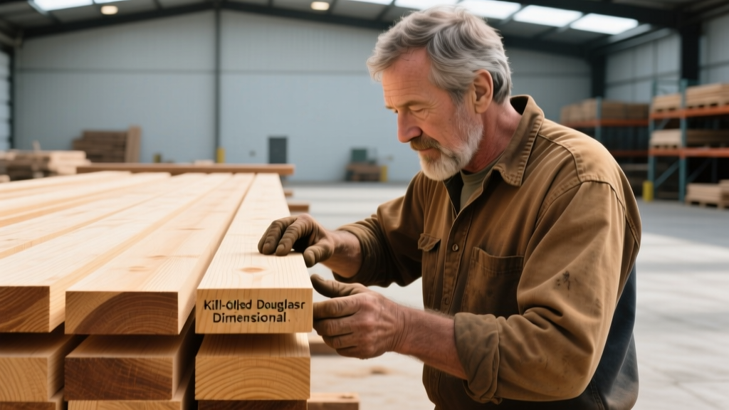 Close-up of a lumber yard worker inspecting the grade stamp on a stack of kiln-dried Douglas fir dimensional framing lumber