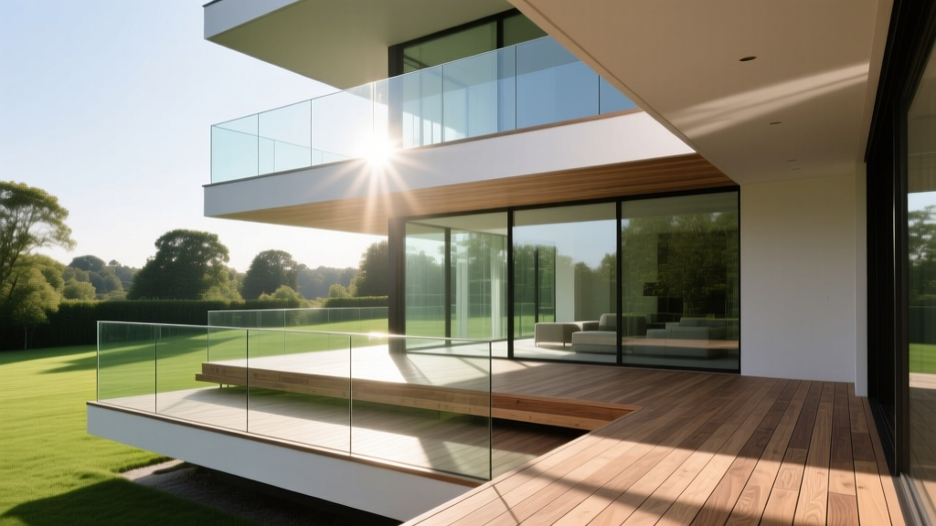 Completed multi-level composite deck with glass railings showcasing the high-end labor and craftsmanship required for complex builds.
