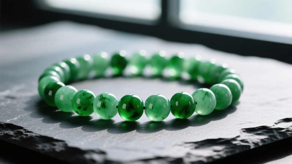 Close-up of a vibrant green Type A jadeite bead necklace resting on dark slate, illuminated by soft, natural window light.