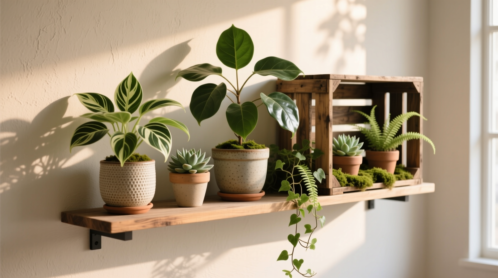 floating shelf vs wall mounted crate which displays plants more attractively