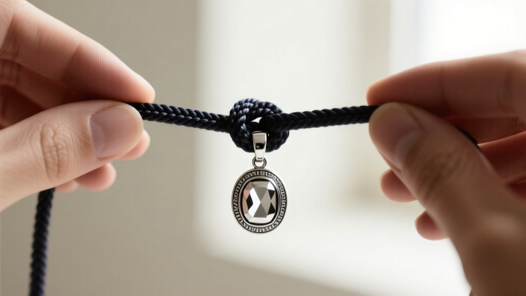 Hands tying a sliding knot on dark waxed cotton cord with a silver pendant, soft natural lighting, macro jewelry photography.