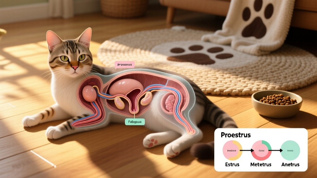 Illustration showing cat reproductive anatomy and estrous cycle timing