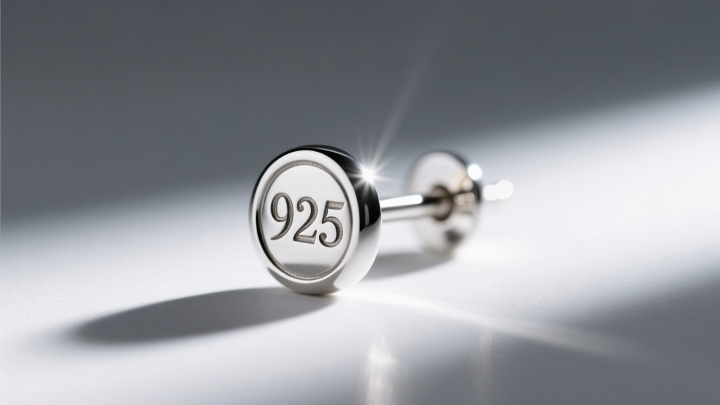 Macro photo of a sterling silver earring post showing a crisp .925 hallmark stamp, illuminated by a bright jeweler's desk lamp.