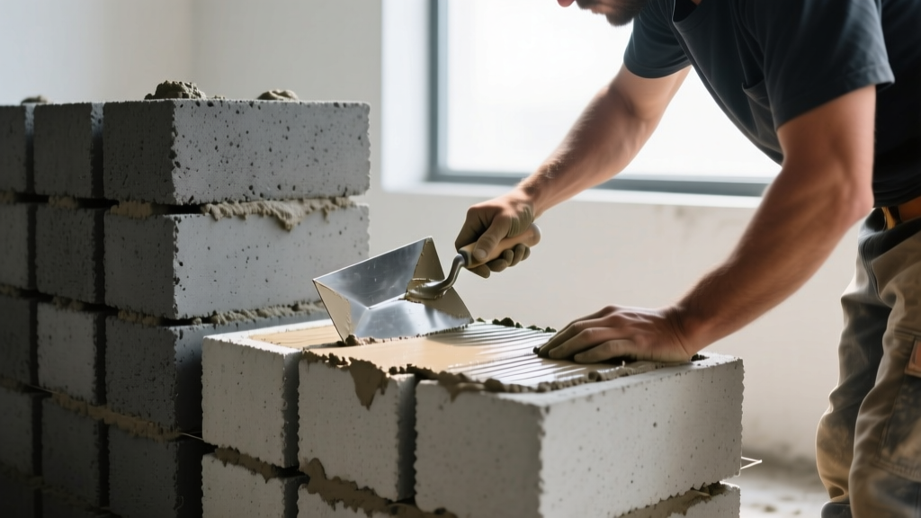 Mason troweling mortar onto lightweight gray concrete masonry units next to a stack of dense heavyweight structural blocks