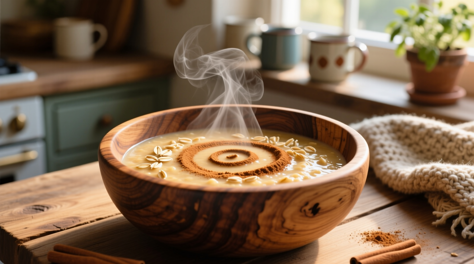 Traditional wooden bowl of warm oat gruel with cinnamon