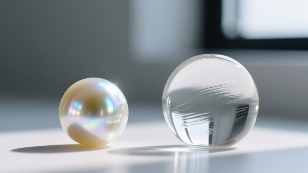Macro view comparing the sharp light reflection of a cultured rice pearl against the dull painted surface of a glass imitation.
