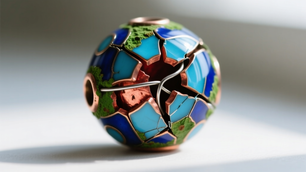 Close-up of a damaged cloisonne bead revealing lifted metal wires, cracked blue enamel, and green verdigris copper corrosion.