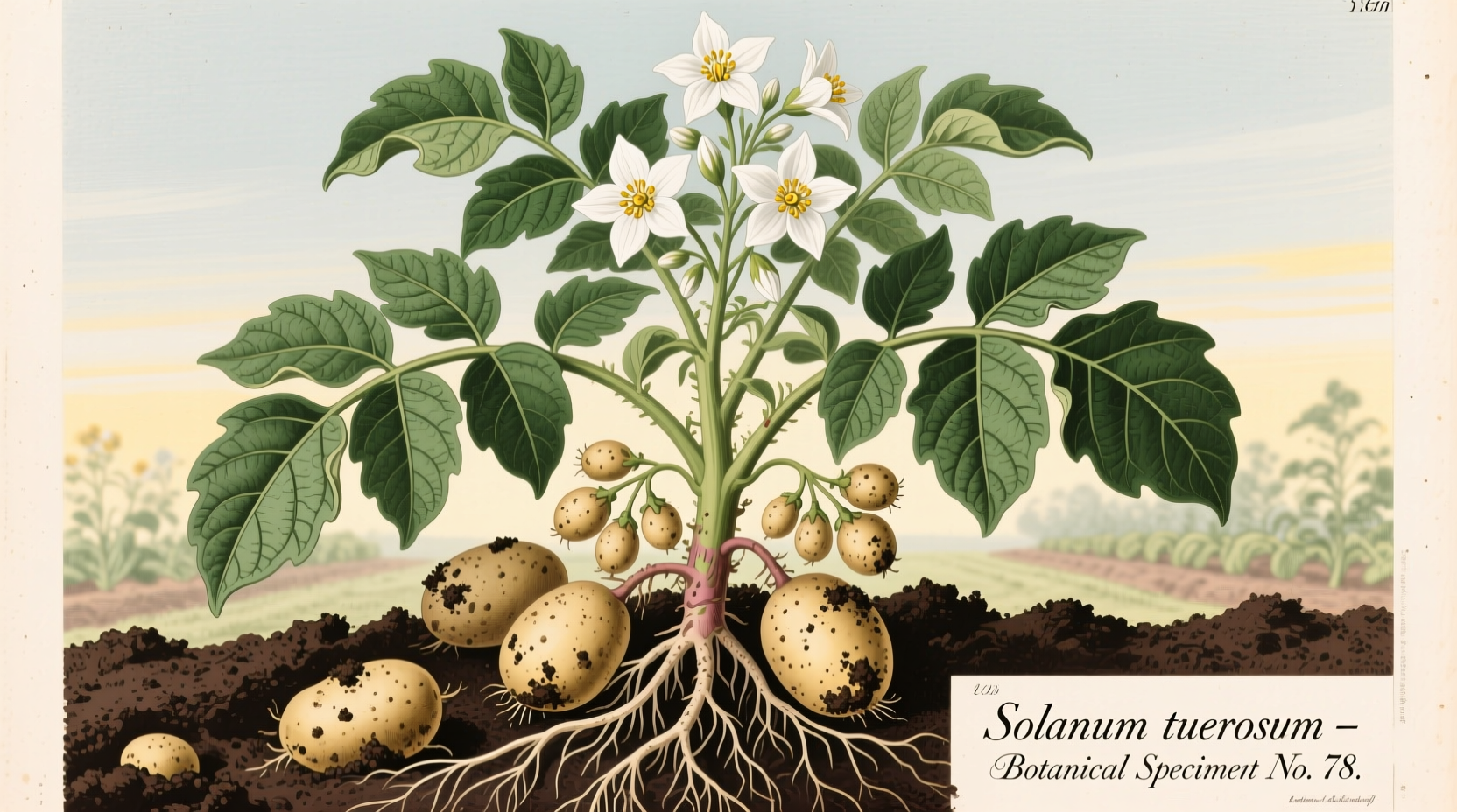 Potato plant showing tubers and flowers
