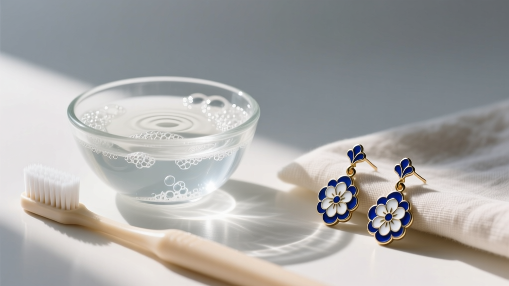 A small glass bowl filled with lukewarm soapy water next to a soft-bristled baby toothbrush and a pair of enamel drop earrings.
