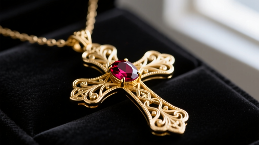 Macro shot of an 18k gold ornate cross necklace with fine filigree scrollwork and a central ruby cabochon on dark velvet.