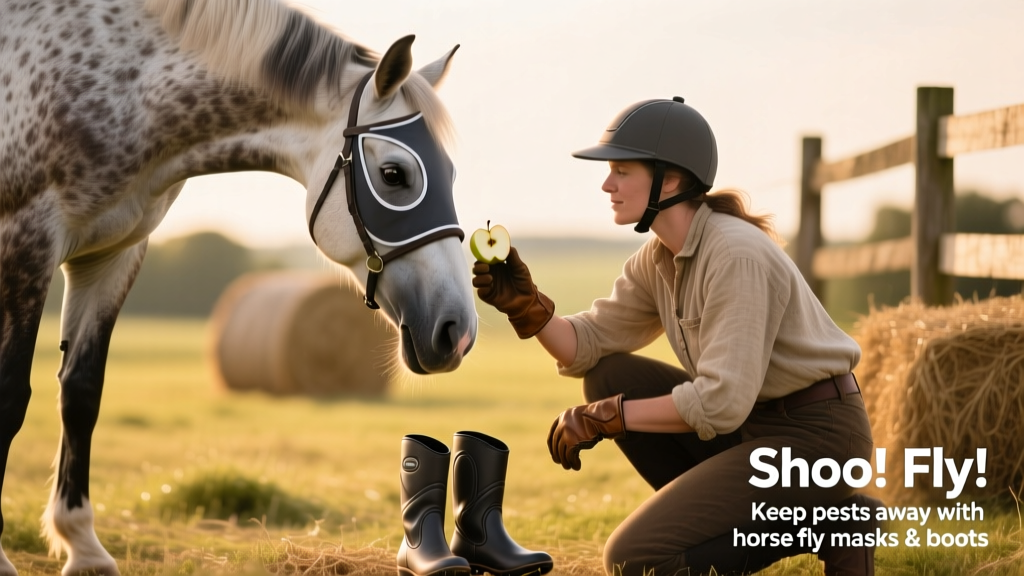 A handler gently introducing a fly mask to a curious horse, offering a treat as positive reinforcement