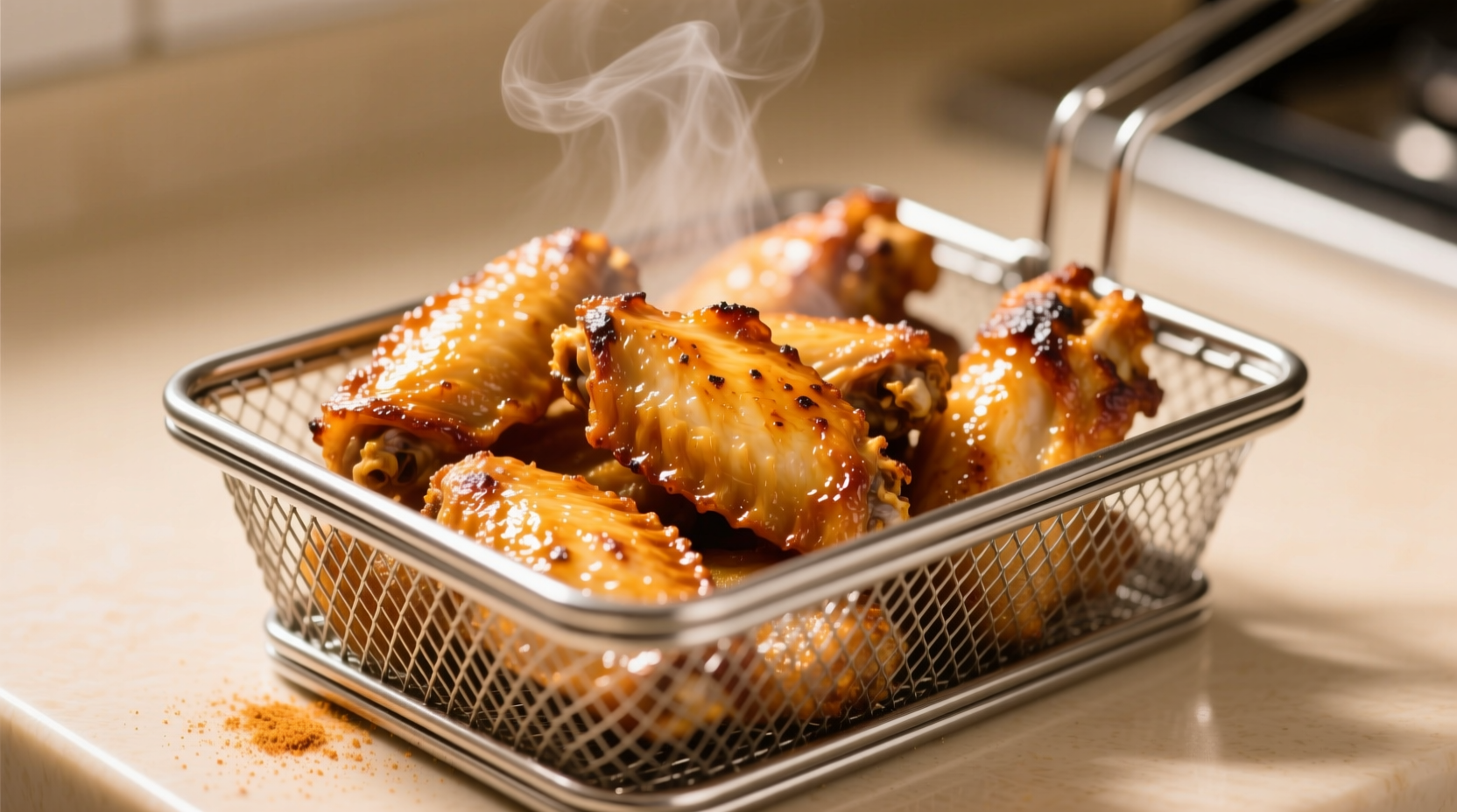 Crispy golden air fryer wings in basket