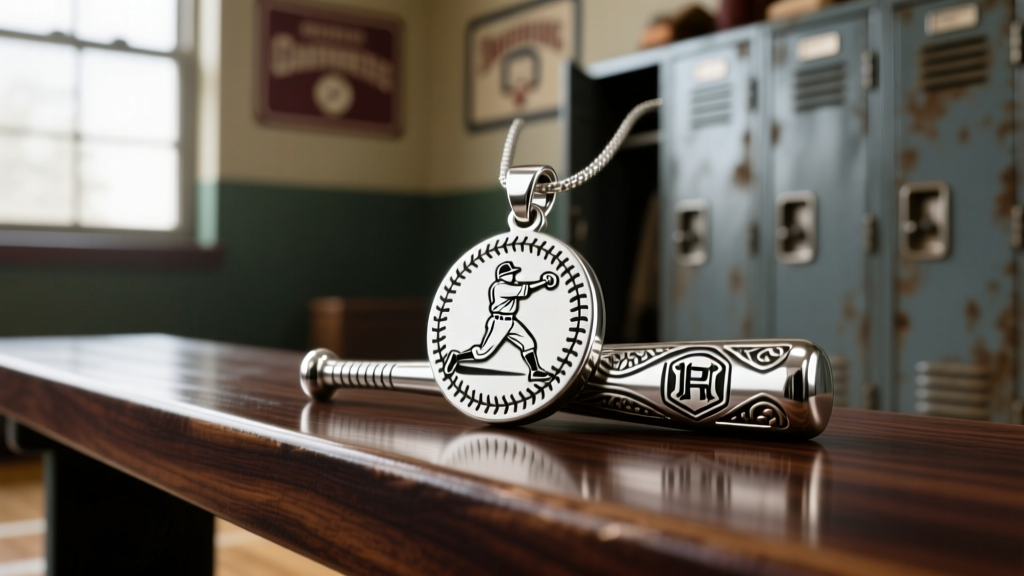 Macro shot of a rhodium-plated sterling silver baseball bat pendant with intricate engraving, placed on a dark wooden locker bench