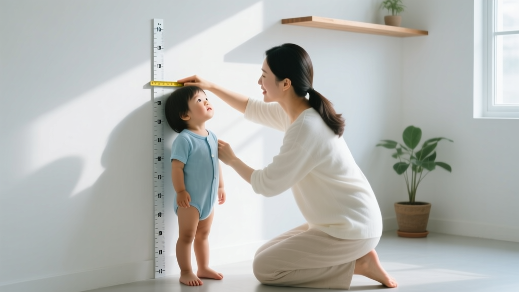 Mother measuring her toddler's neck with a soft yellow fabric tape, bright natural living room lighting, photorealistic style