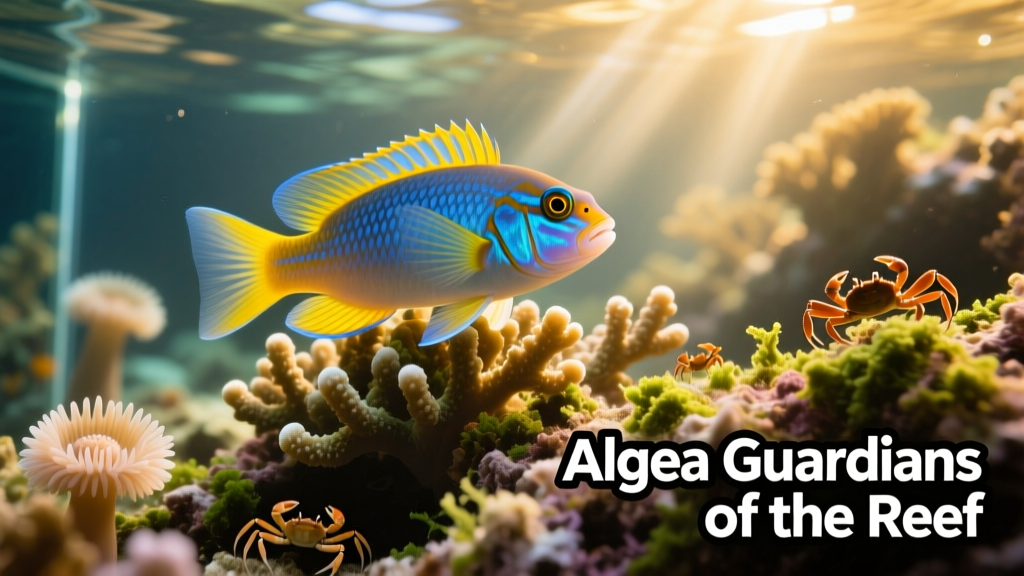 A highfin blenny perched on live coral in a reef aquarium