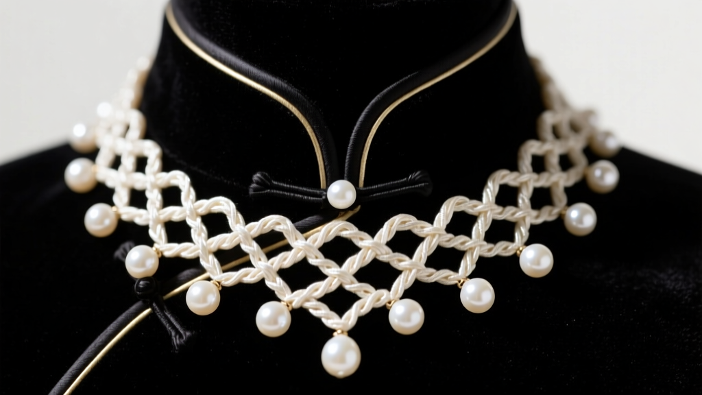 Close-up of a vintage pearl hancerchief necklace on dark velvet, showing intricate lattice silk threading and lustrous white nacre.