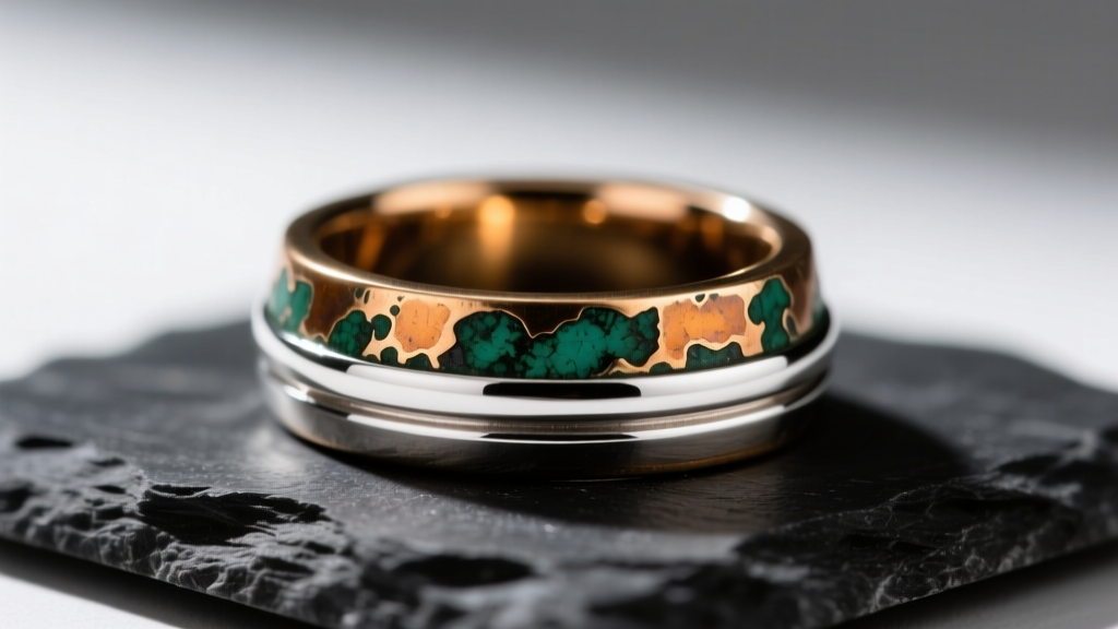 Macro shot of an artisanal ring with intentional oxidized brass textures and polished sterling silver accents on dark slate