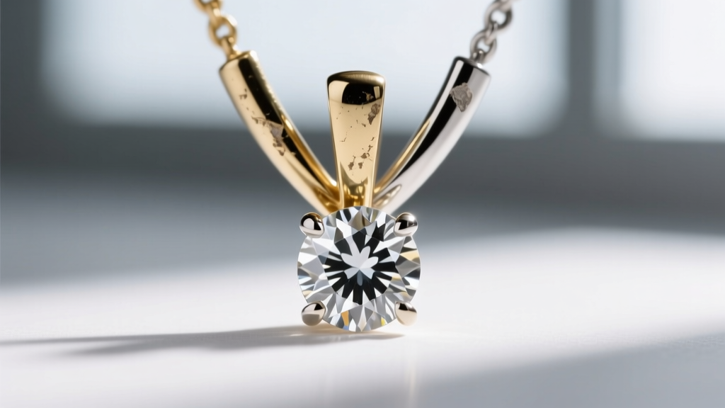 Macro photography comparing worn white gold prongs and intact platinum prongs on a diamond pendant, highlighting metal wear