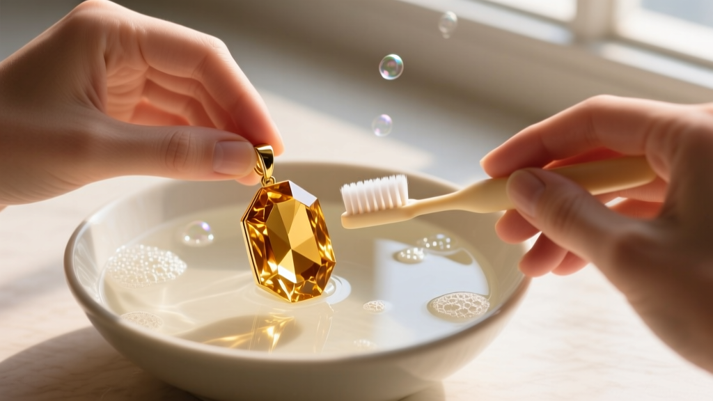 Hands gently brushing a gold citrine crystal jewelry pendant with a soft baby toothbrush in a bowl of lukewarm soapy water.