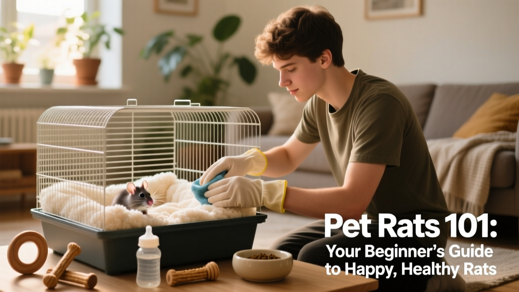Hand cleaning a rat cage with fresh bedding and clean accessories nearby