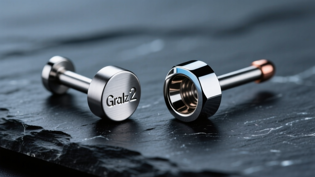 Close-up of polished Grade 2 and Grade 5 titanium labret studs resting on dark slate under soft, directional studio lighting