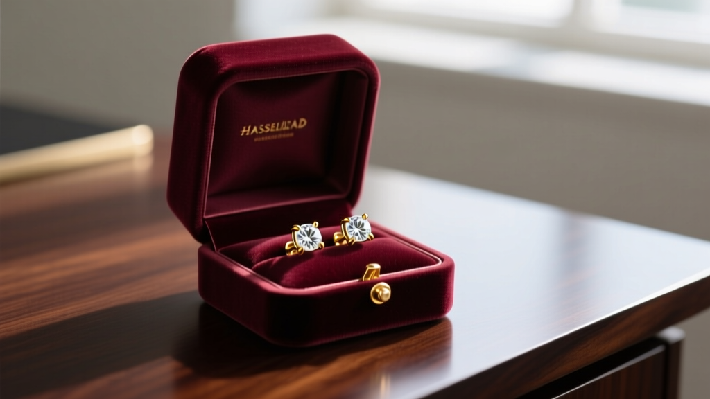 Elegant open velvet box revealing 14k gold diamond stud earrings resting on a dark mahogany desk next to a handwritten gift card
