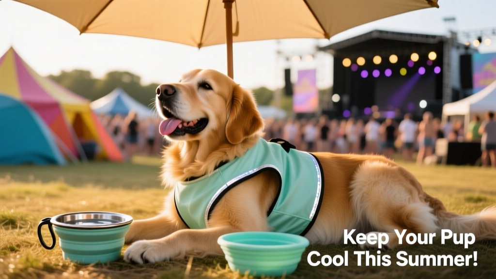 A dog wearing a lightweight cooling vest resting comfortably in the shade beside a portable water bowl and collapsible travel bowl