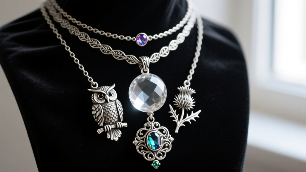 Close-up of a multi-layered antique silver necklace with a crystal ball, owl, and thistle pendants resting on dark velvet fabric.