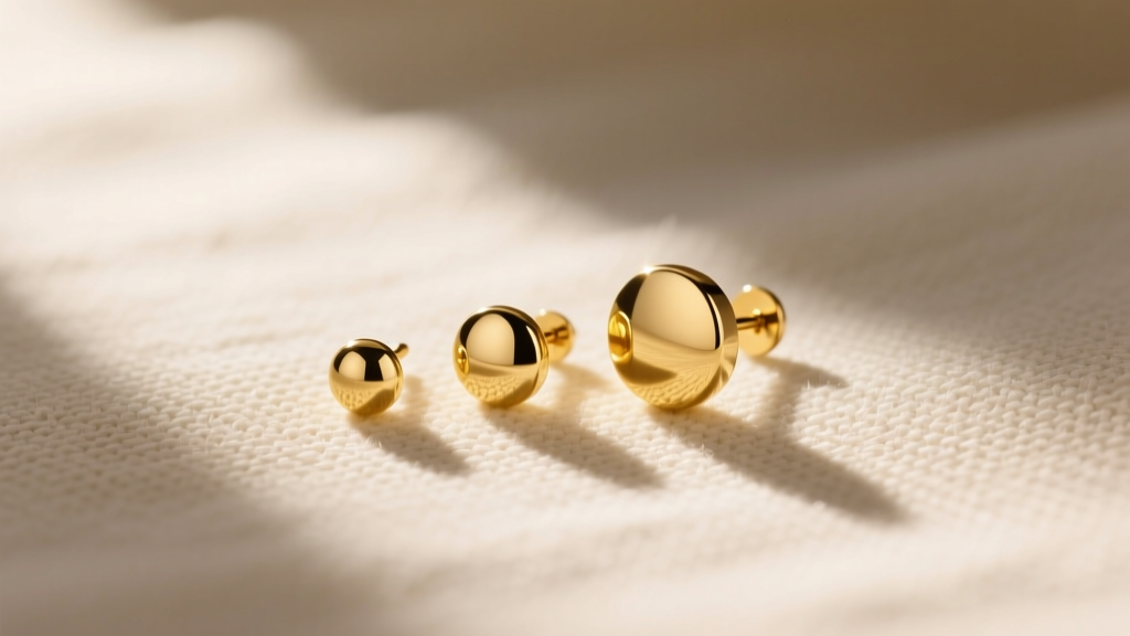 Flat lay of 3mm, 5mm, and 7mm solid gold stud earrings on textured linen fabric, illuminated by warm, diffused natural sunlight.