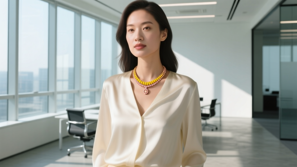 Woman wearing a delicate topaz yellow necklace in 14k rose gold, paired with a cream silk blouse in a bright modern office space