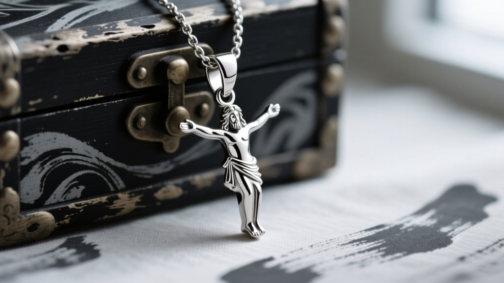 Macro shot of a 316L stainless steel Jesus pendant with hidden bail resting against faded black-and-grey traditional chest ink
