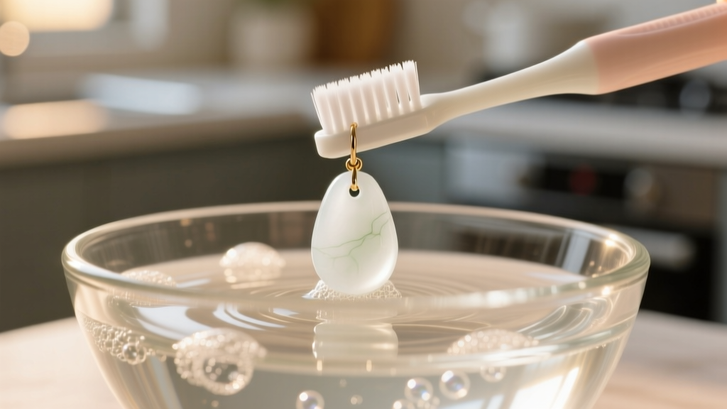 Soft baby toothbrush cleaning a white jade drop earring in a glass bowl of soapy water, macro shot with soft, warm lighting.