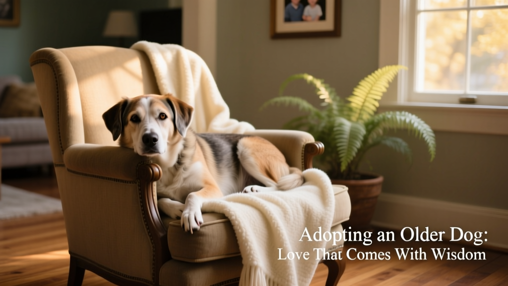 A calm, gentle senior mixed-breed dog resting beside a cozy armchair with a soft blanket