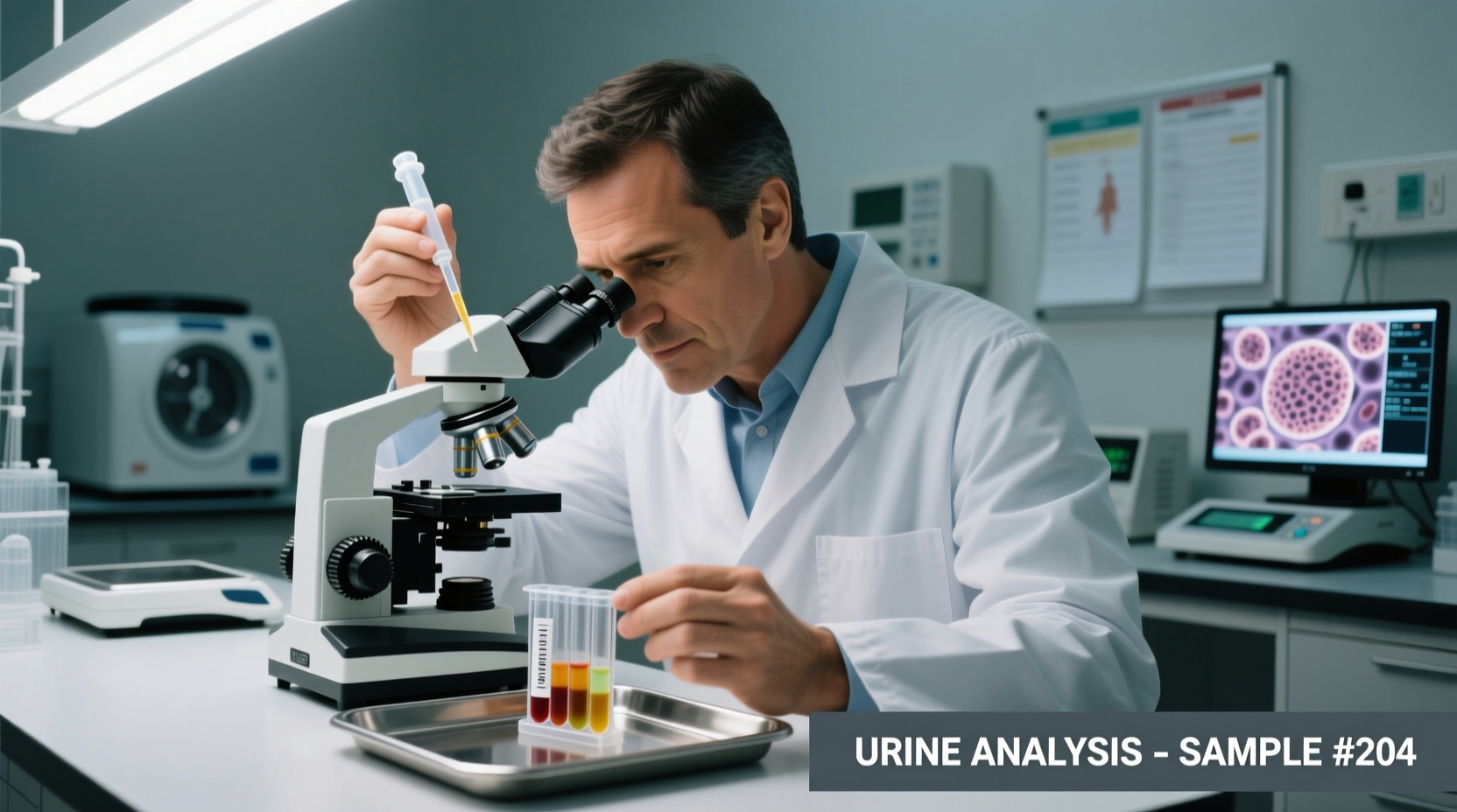 Medical professional examining urine sample