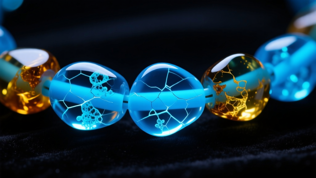 Macro shot of genuine Baltic amber beads glowing bright fluorescent blue under UV blacklight against a dark velvet background.