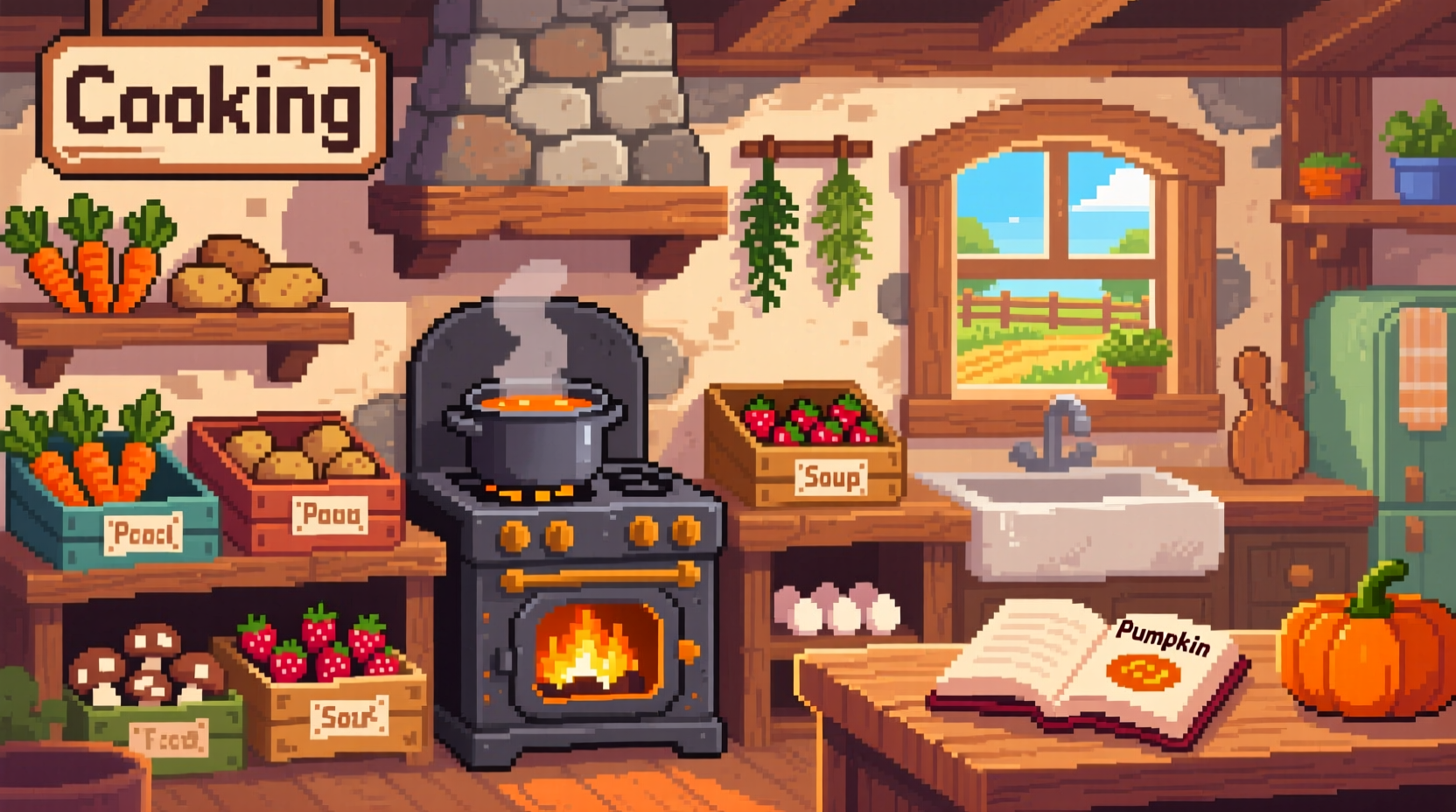 Stardew Valley kitchen with stove and ingredient selection