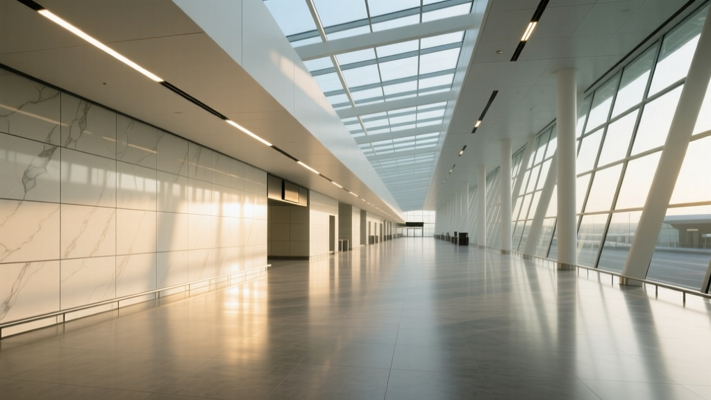 Modern airport terminal featuring large format porcelain tile and polished concrete flooring under bright architectural lighting.