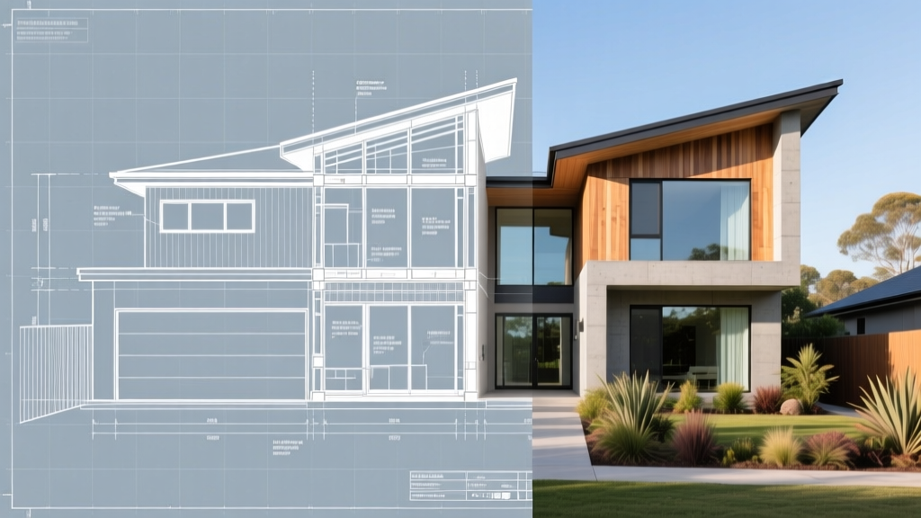 Split-view architectural blueprint overlaid on a finished suburban home exterior, highlighting material cost breakdowns and structural framing details