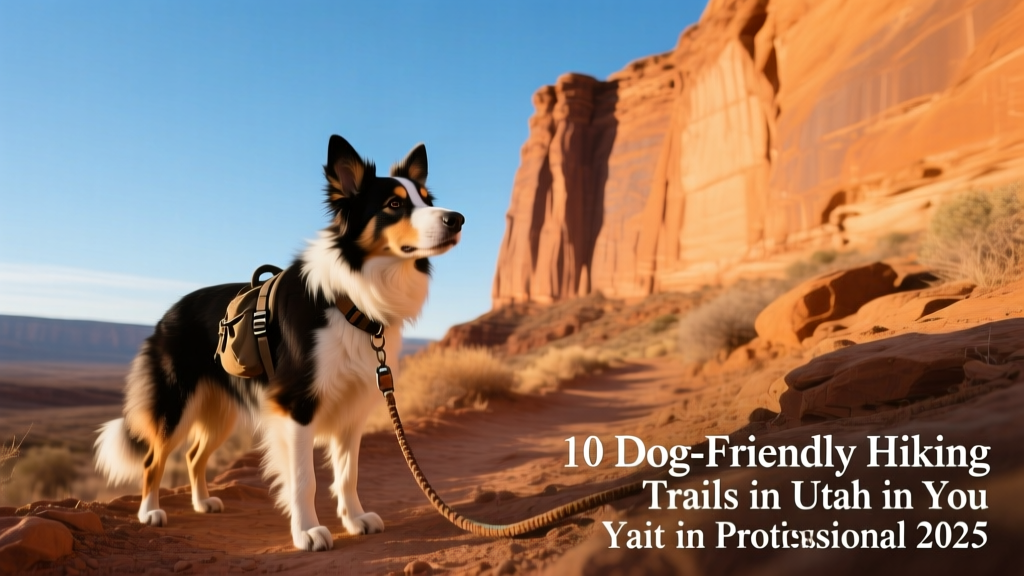 A border collie pausing mid-trail to gaze at towering orange sandstone cliffs under a clear blue sky