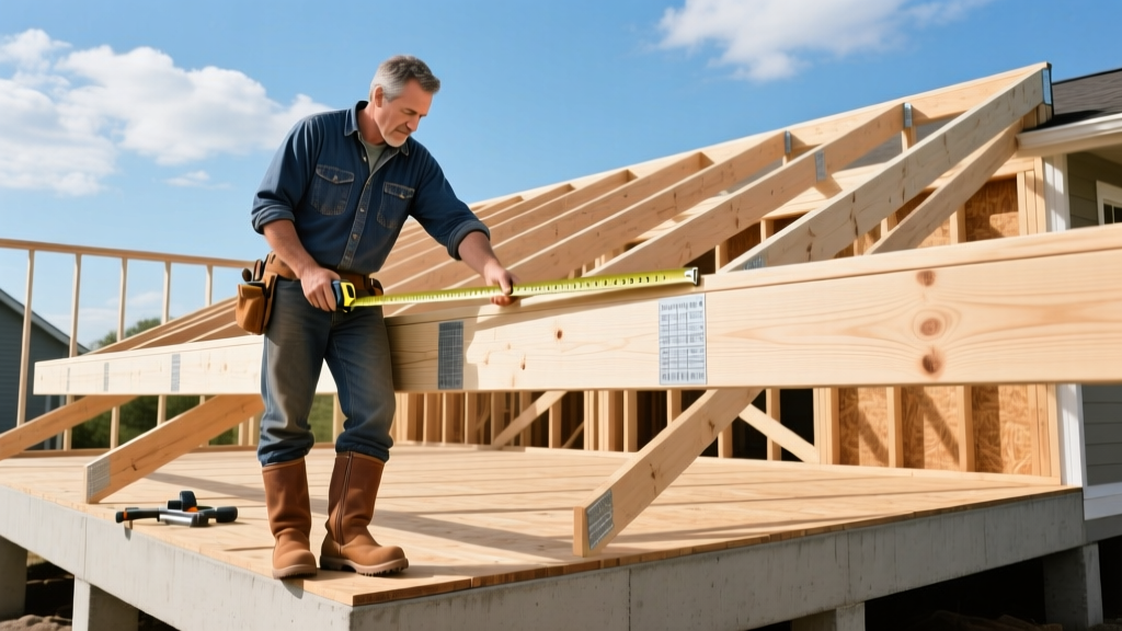 Professional carpenter measuring pressure-treated lumber joists on a partially framed residential deck under clear blue skies